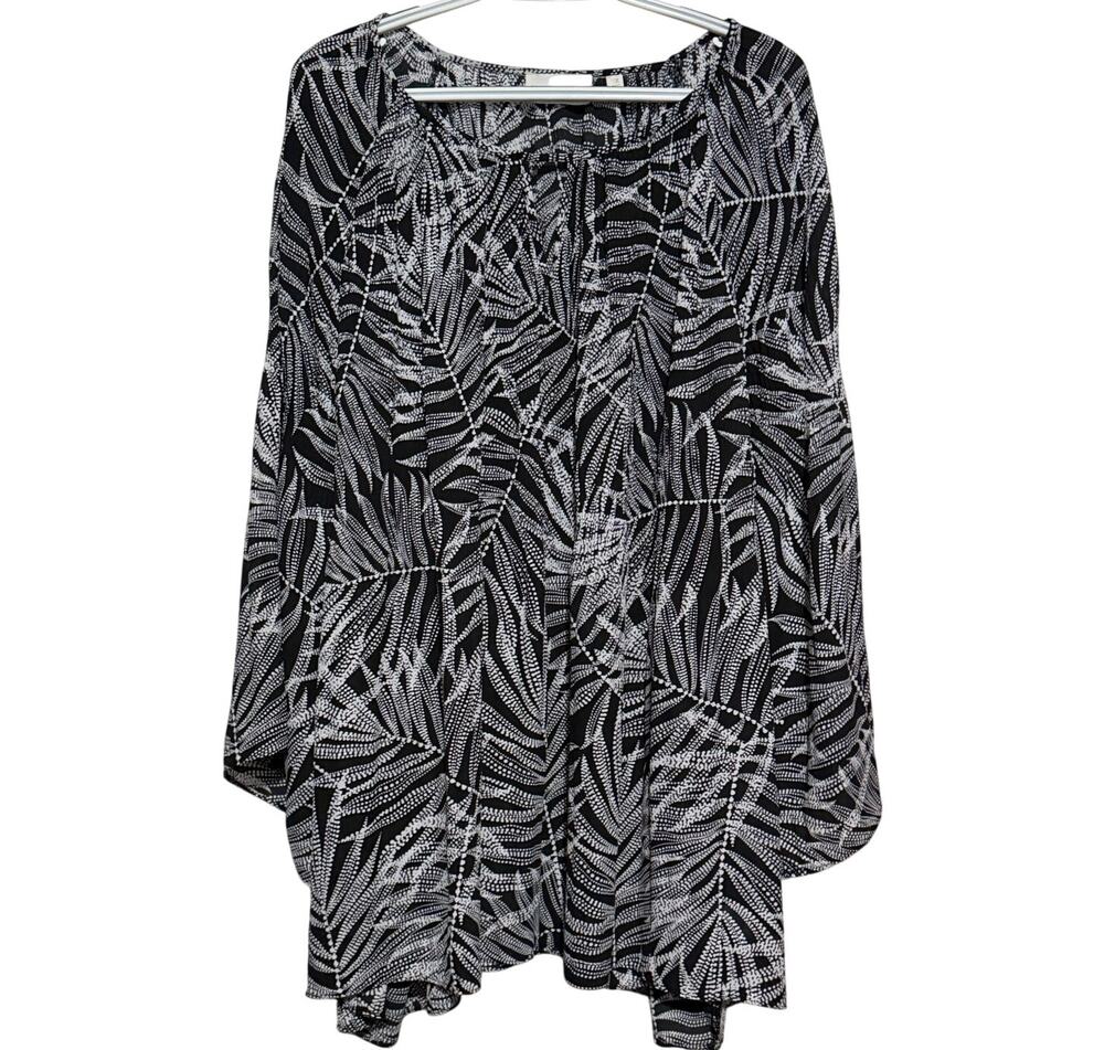 Sunny Leigh Women's Black White Tropical Palm Leaf Front Keyhole Blouse Size 3X